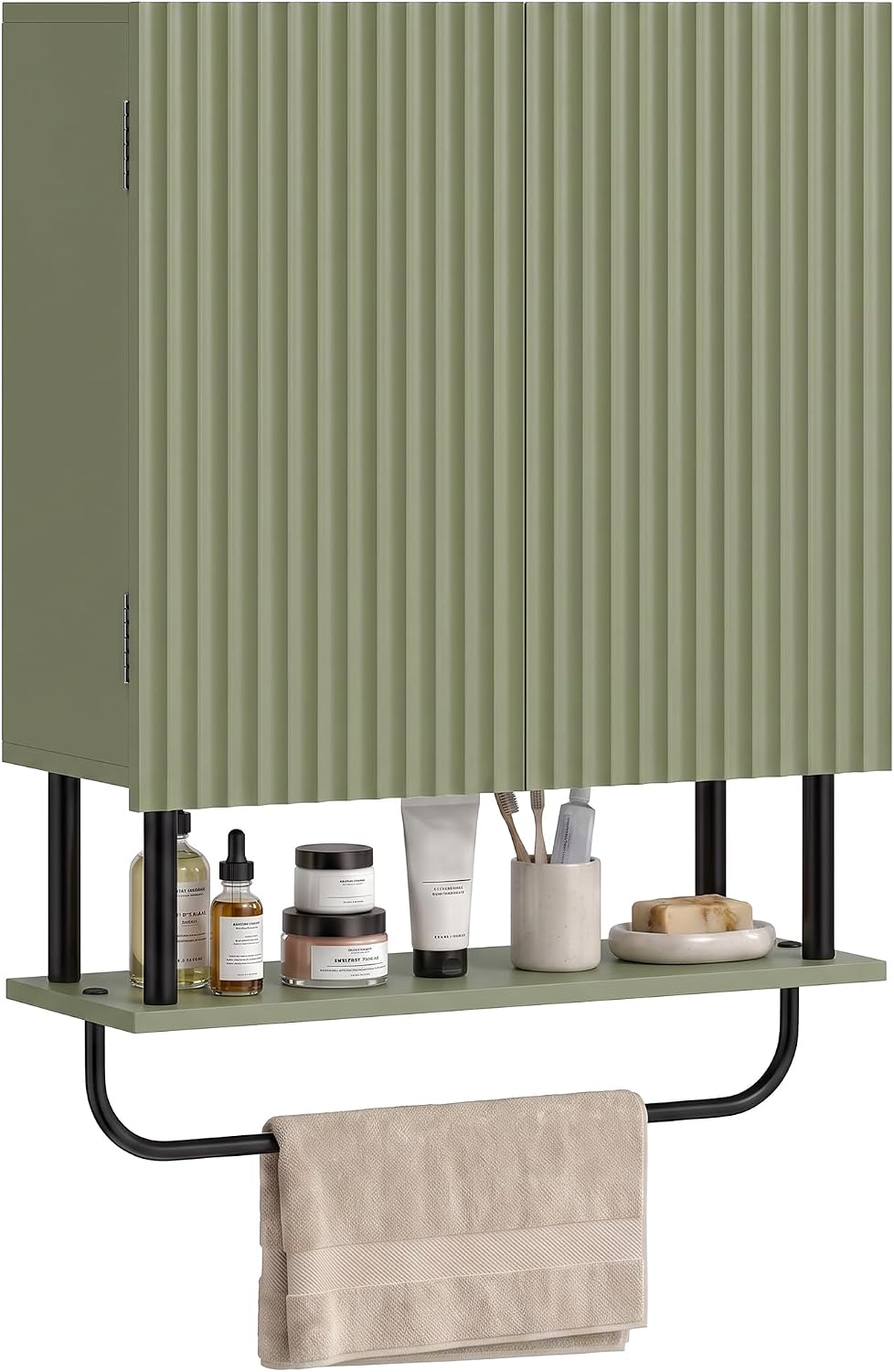 Freestanding Tall Bathroom Cabinet with Double Doors & Open Storage Shelves